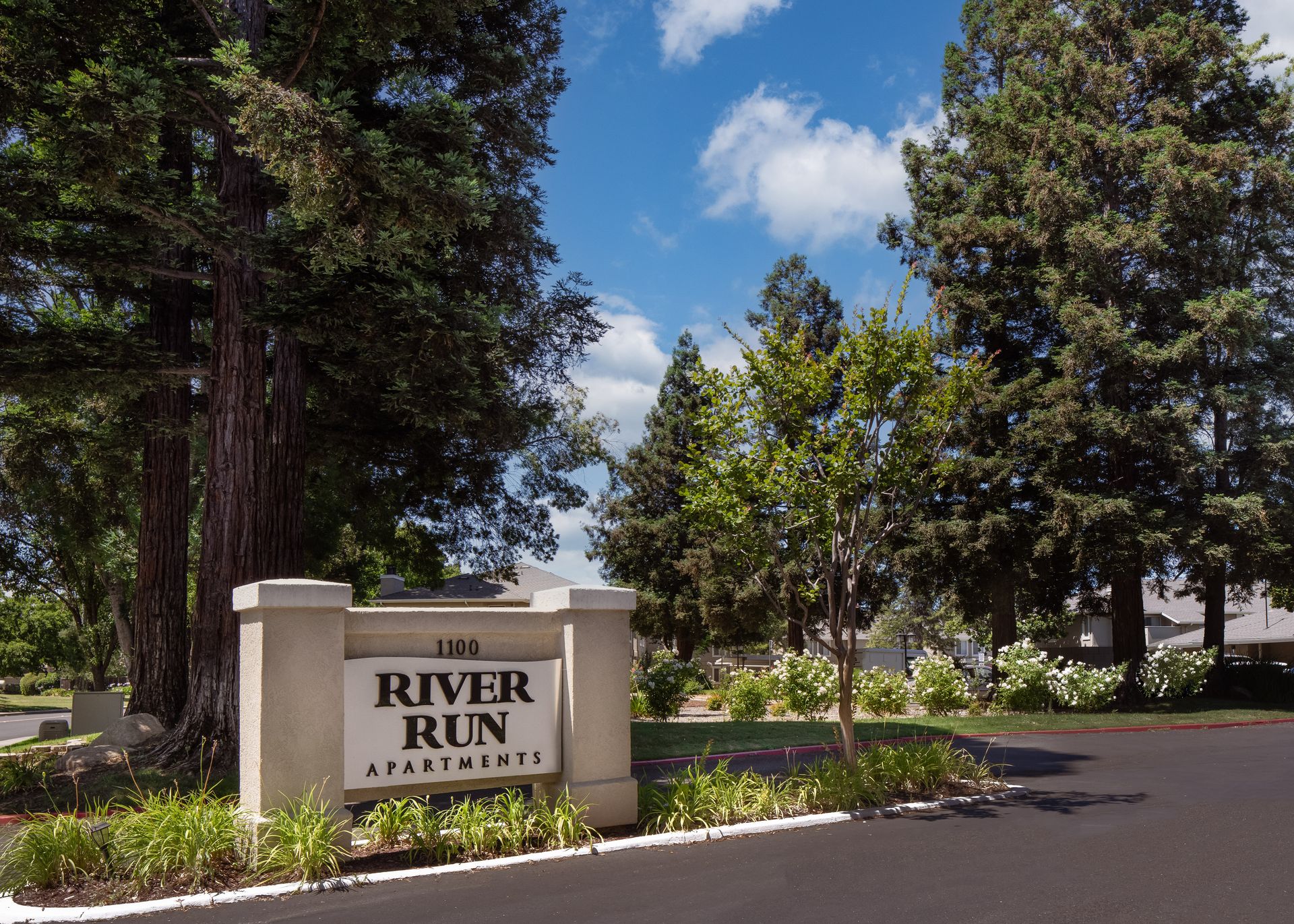The River Run Apartments monument sign beneath mature redwoods at the entrance on Farmington Drive
